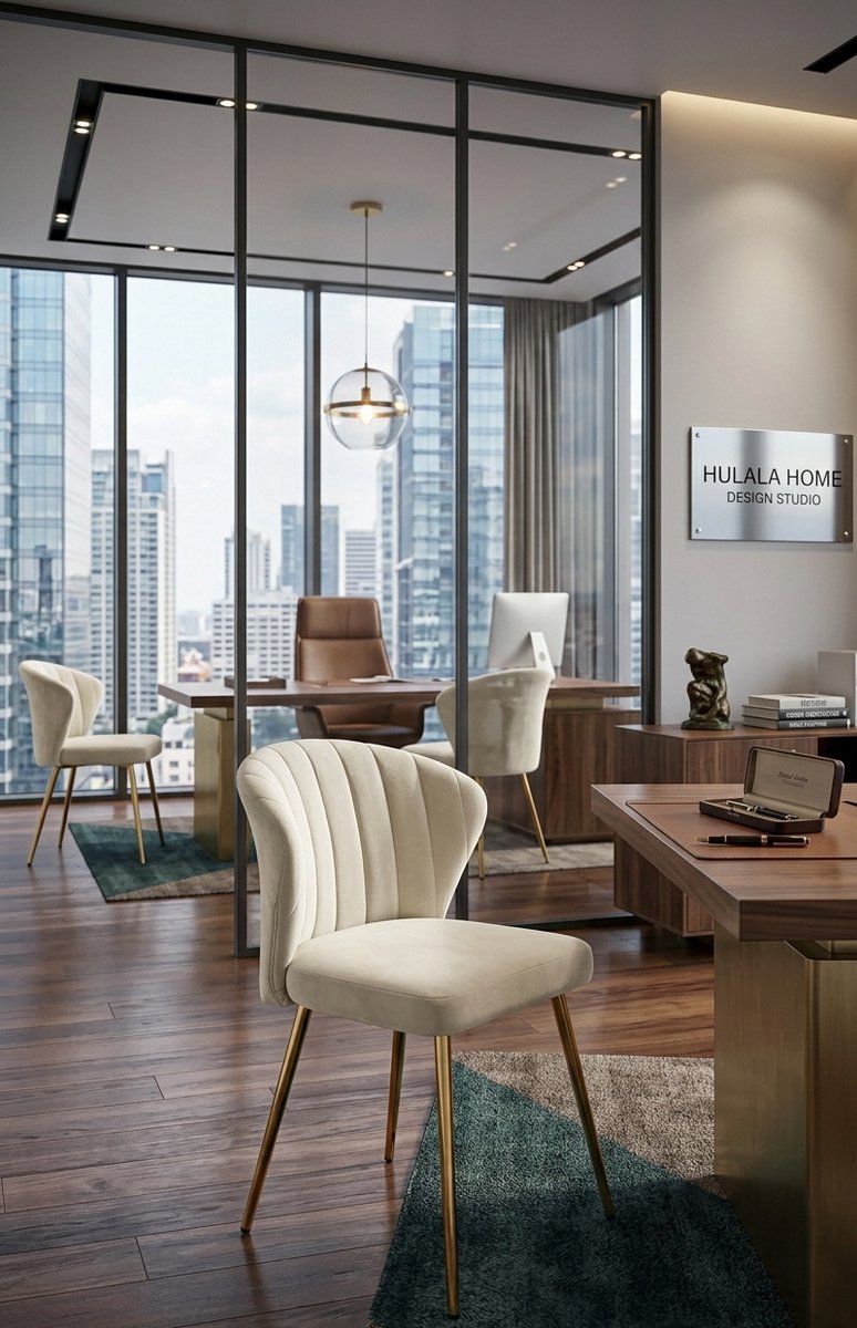 Luxe Fluwelen Eetkamerstoel – Moderne Comfortabele Woonkamerstoel met Gouden Metalen Poten – Armloze Stoel voor Eetkamer, Keuken, Make-uptafel en Slaapkamer – Beige - Casa Serena