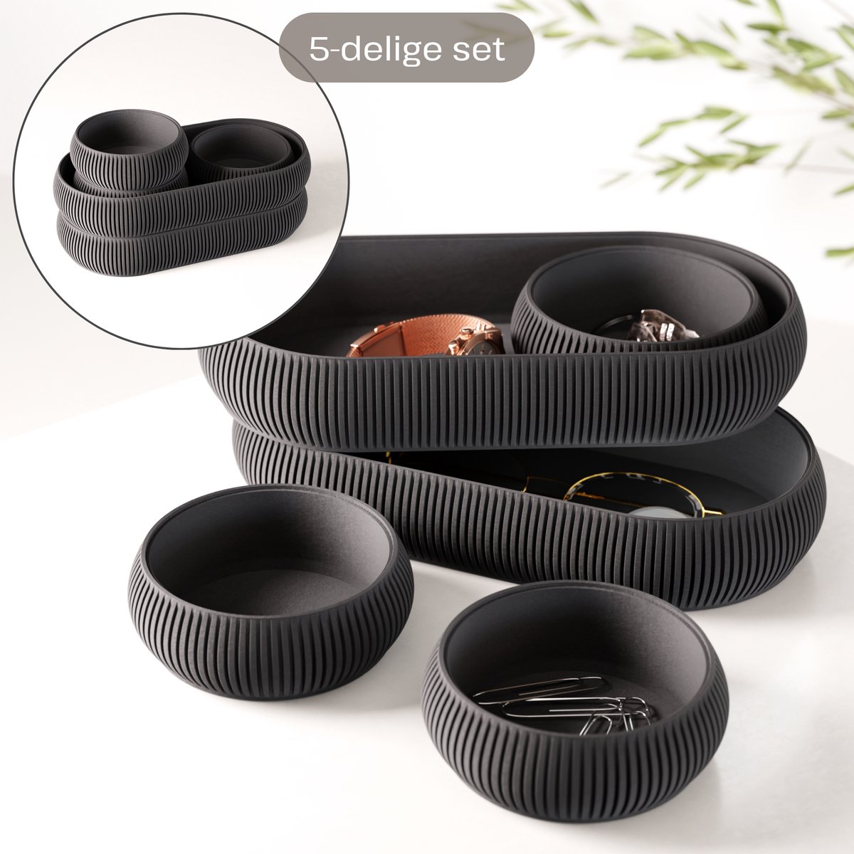 Fleuriek - Luxe catch-all trays set 5-delig - Multifunctionele opbergset voor paperclips, elastiekje, make-up en sleutels - Stapelbare organizers - Zwart