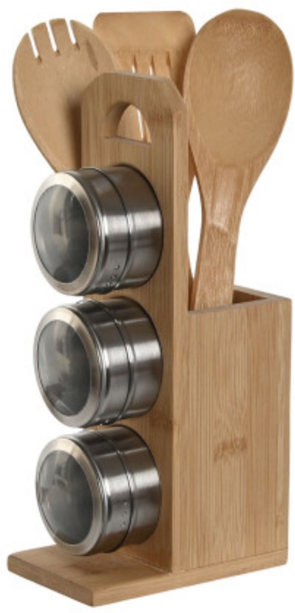 Item Int. Keukenhulpjes set - 6-delig - spatels - bamboe houder - incl. 3x magnetische kruidenpotjes