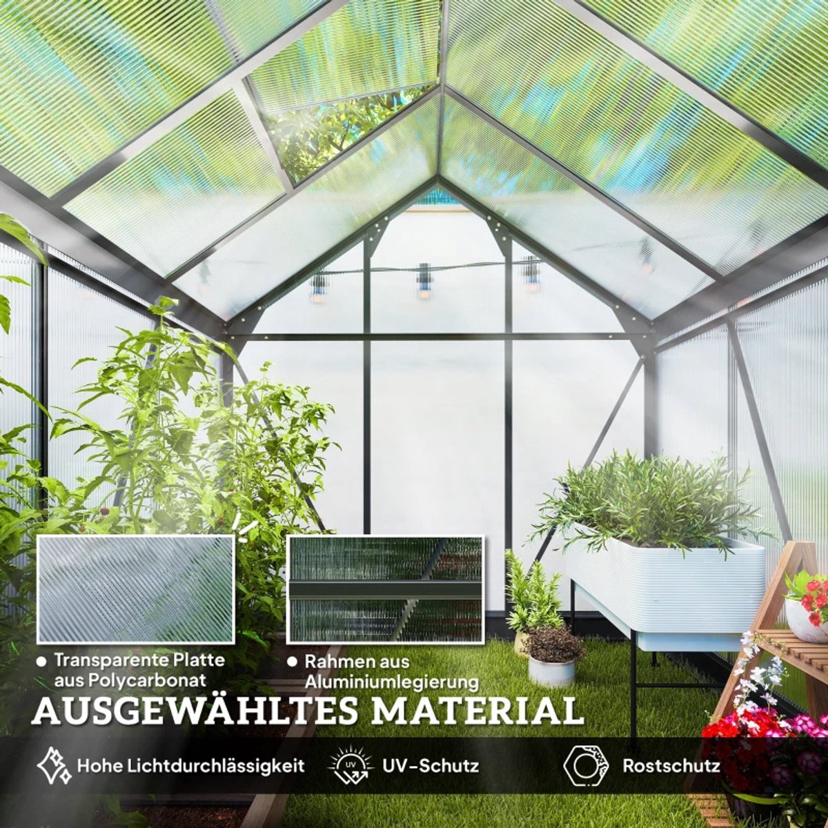 Kas met Fundering, Dakraam, Schuifdeur - UV-bestendig - 4 mm Panelen - Tuinkas - Broeikas - Kweekkas - Tomatenkas - Groentekas - Plantenkas - voor Groenten, Bloemen, Planten - 192 x 192 x 201 cm - Aluminiumlegering + Polycarbonaat – foto 6