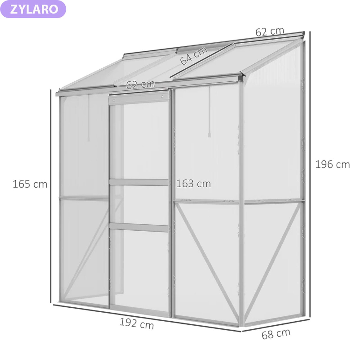 Kas met Schuifdeur en Dakraam - Wandkas - Muurkas - Tuinkas - Broeikas - Kweekkas - Tomatenkas - Groentekas - Plantenkas - voor Groenten, Bloemen, Planten - 192 x 68 x 196 cm - Polycarbonaat + Aluminium - Zilver – foto 4