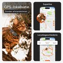 Bengalen kat met oranje halsbandje in de natuur. GPS-lokalisatie zonder afstandslimiet. Telefoon met kaart en katten tracker. Locatiegeschiedenis.