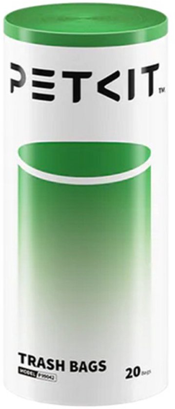 Rol met 20 PETKIT afvalzakken, witte zakken met groene opdruk en groene deksel.