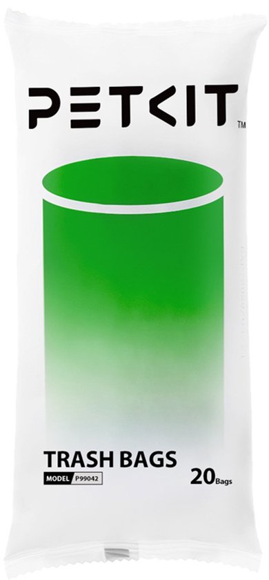 Een PETKIT vuilniszak verpakking met groene gradiënt cirkel en logo.
