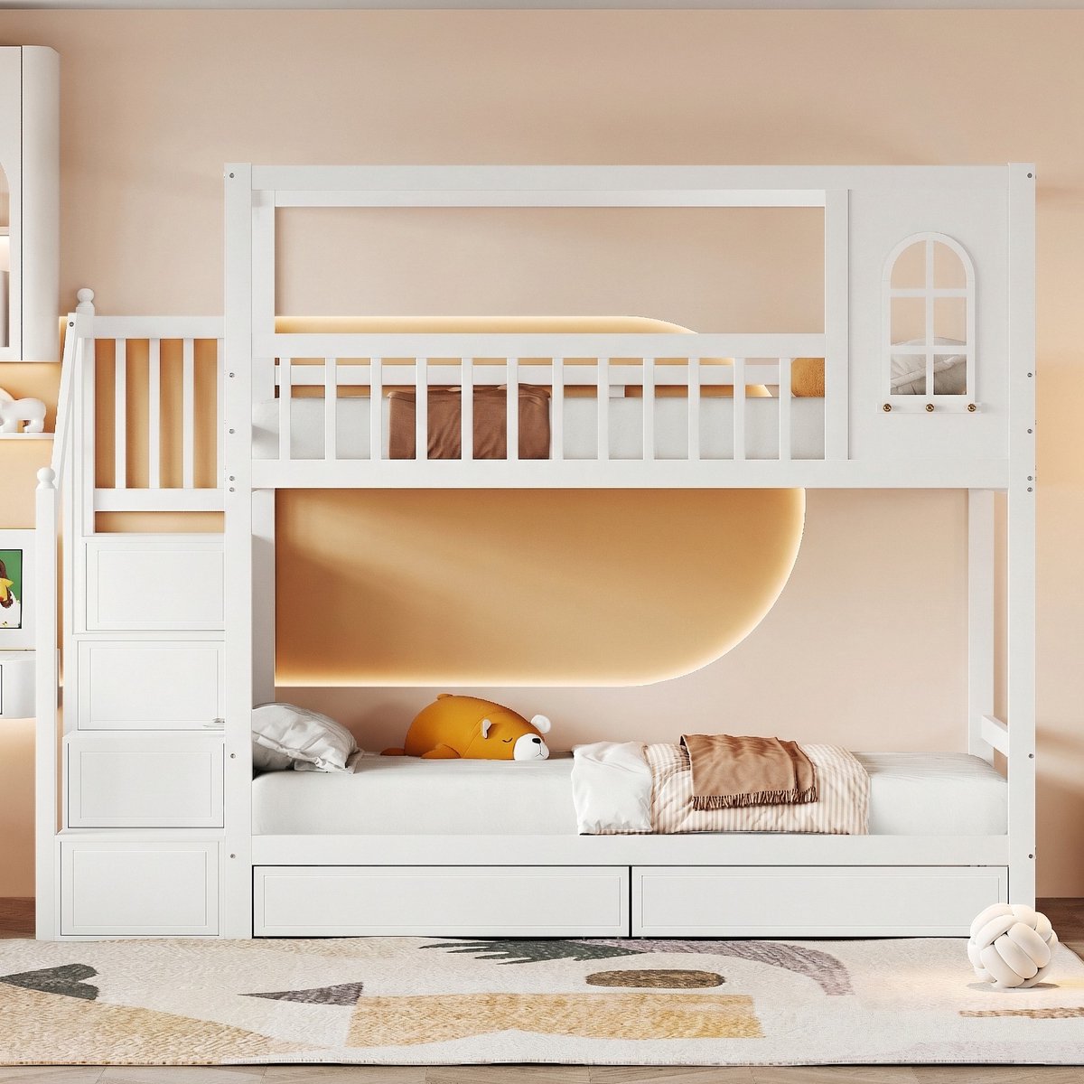 VVBV Stapelbed 90x200 – Voor Kinderen en Tieners – Kinderstapelbed met Opbergruimte, Lades en Veiligheidshek – Massief Hout – Wit – Huisdesign met Dak White