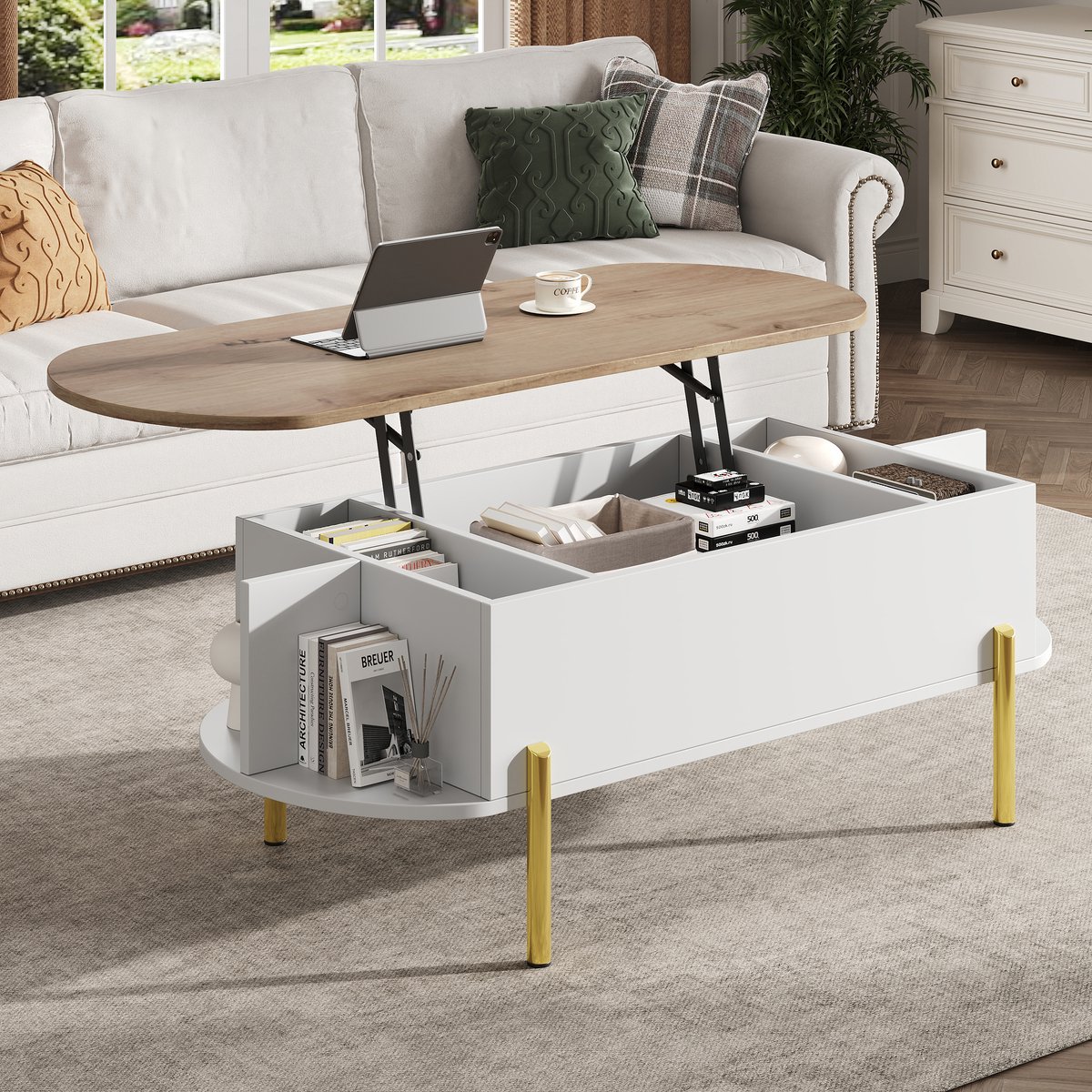 HAUSS SPOLE Salontafel - In Hoogte Verstelbaar Blad Met Verborgen Opbergruimte - Voor Woonkamer En Bank - MDF Wit Houtkleur - 120x50x43 Cm