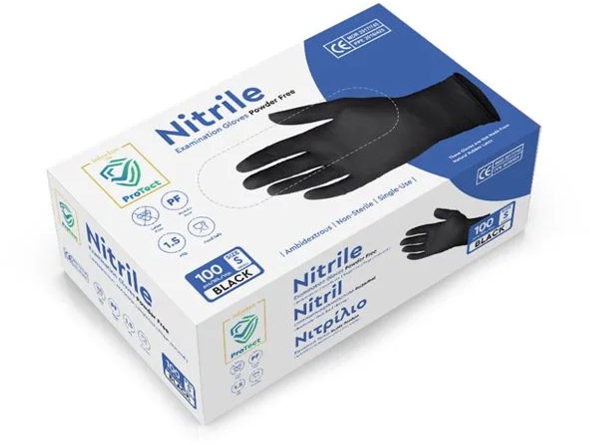 Nitril Handschoenen - PROTECT - Zwart - Poedervrij (MDR PPE III) - S - 100 stuks