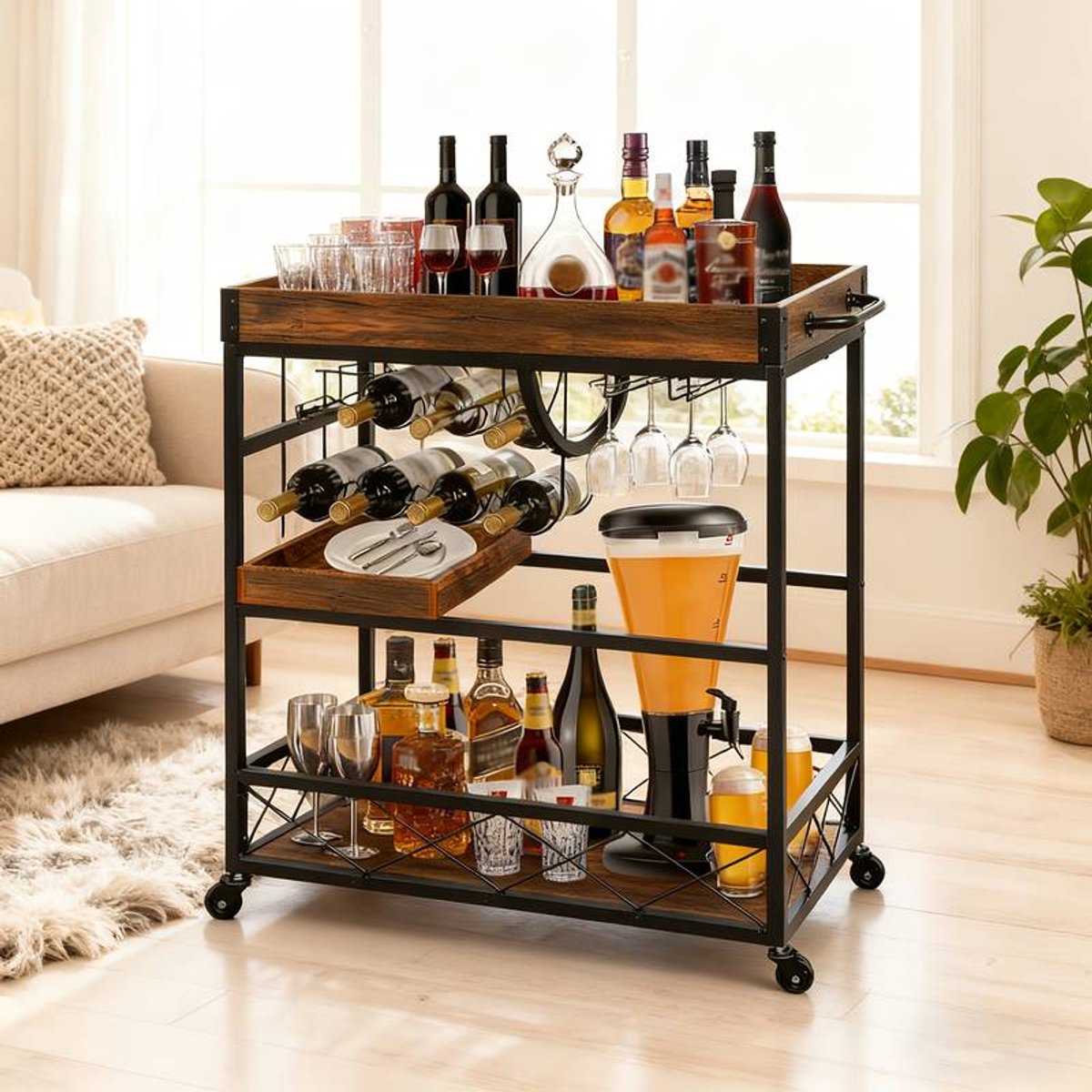 Servicekar voor Bar & Keuken – Mobiele Barwagen met Dienbladen – 8 Wijnrekken & Glashouders – Industriële Retro Stijl – 85 x 40 x 90 cm