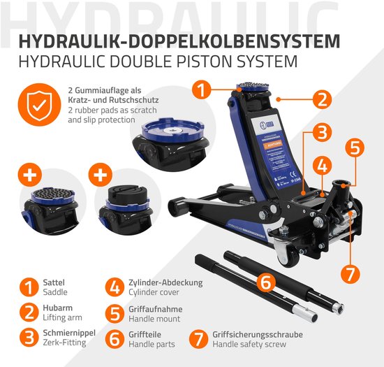 Zwarte hydraulische krik met blauwe accenten en genummerde onderdelen, incl. rubberen pads.