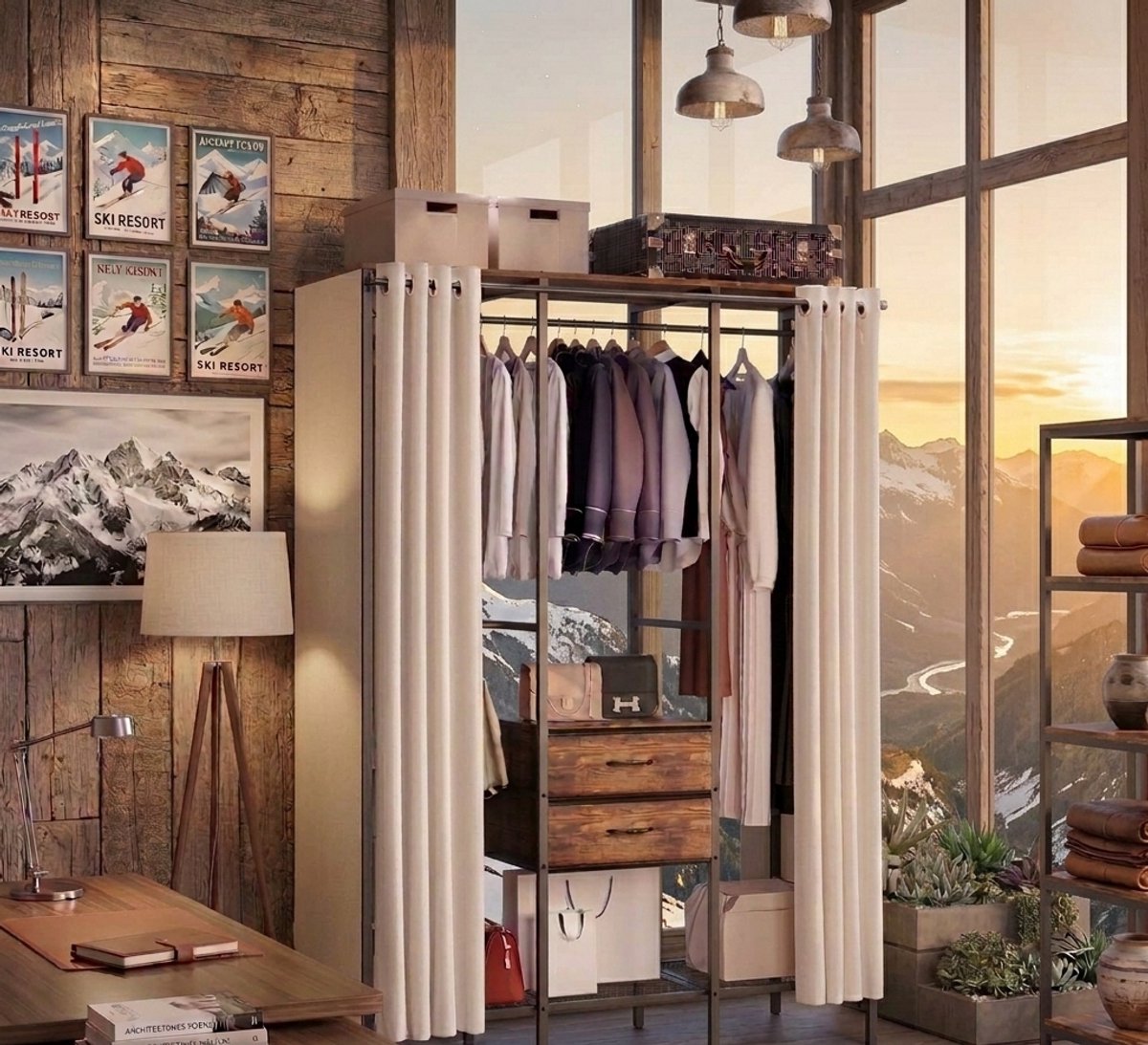 Industriële Open Kledingkast met Gordijn en Lades 150x50x214 cm – Grote Metalen Garderobekast met 3 Hangstangen en Opbergplanken – Zwart & Rustiek Bruin – Novihome
