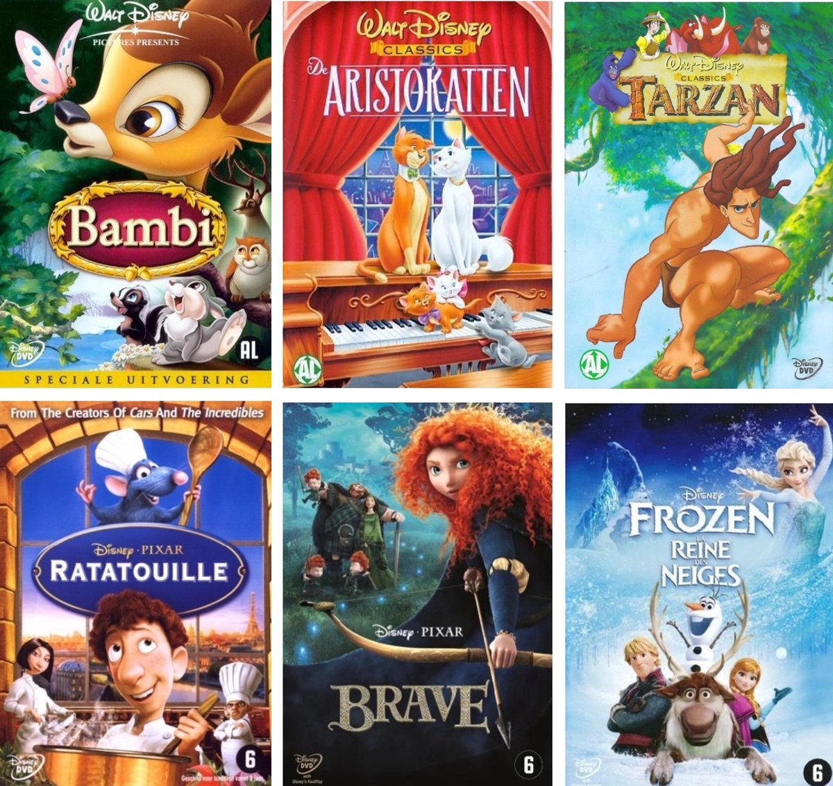 Disney 6 dvd voordeel set - Bambi - Aristokatten - Tarzan - Ratatouille - Brave - Frozen