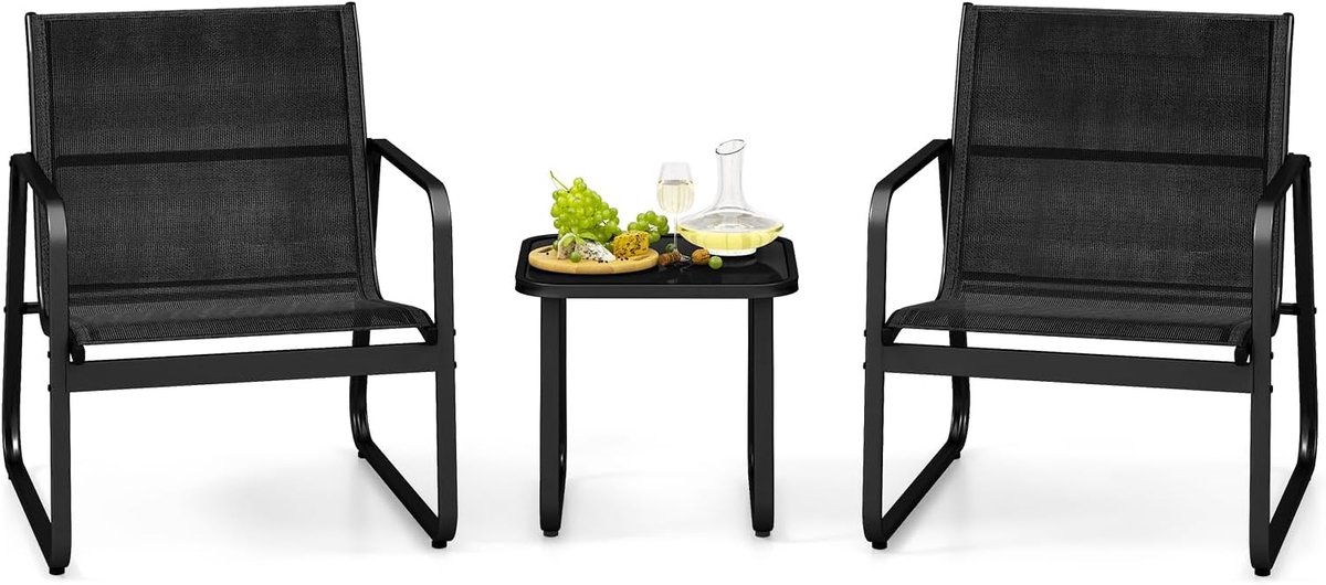 KOMFOTTEU 3-delige tuinset - tuinmeubelset met 2 tuinstoelen en glazen bijzettafel - bistroset voor 2 personen - balkonset van metaal en stof - balkonmeubel outdoor - voor tuin, balkon, terras