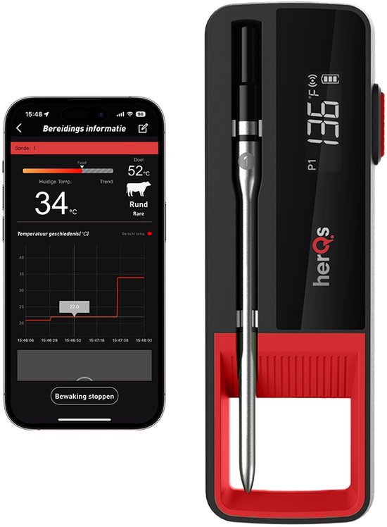 Zwarte herQs thermometer met rode accenten en een digitaal display, naast een smartphone met grafiek en temperatuurinfo.