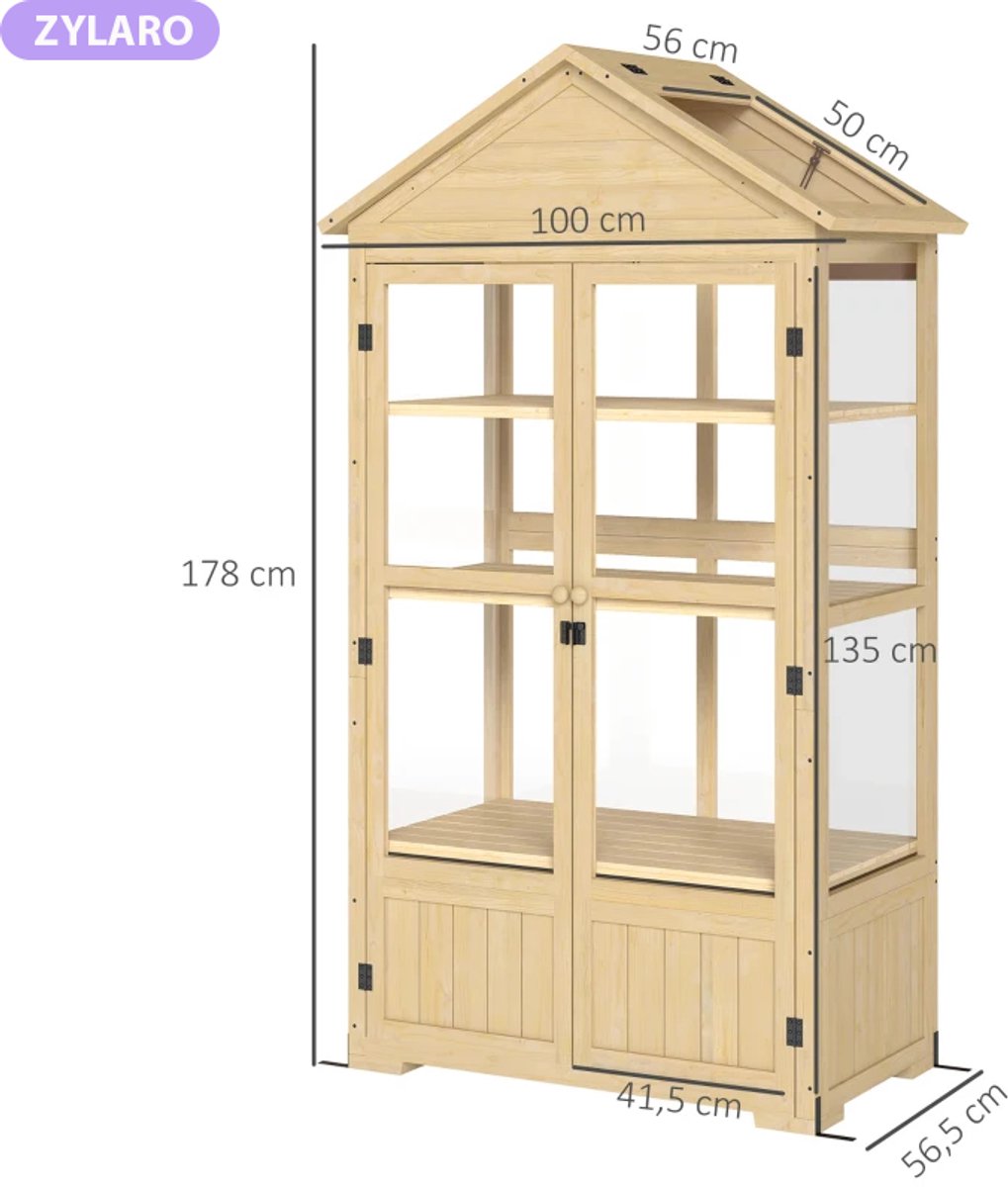 Koude Mini Kas met 3 Planken, Dakraam, Afsluitbare deur - 3 Etages - Tuinkas - Broeikas - Kweekkas - Tomatenkas - Groentekas - Plantenkas - voor Groenten, Bloemen, Planten - 100 x 56,5 x 178 cm - Grijs – foto 4