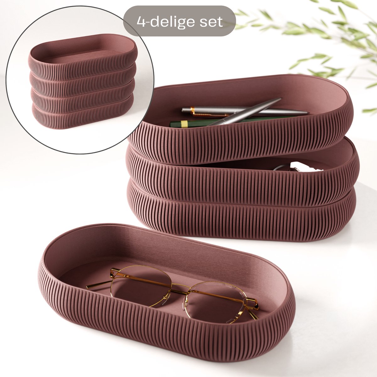 Fleuriek – Stapelbare organizer set 4-delig – Mix & match opbergsysteem – Trays + pennenhouder voor kantoor, bureau, badkamer & keuken – Rood