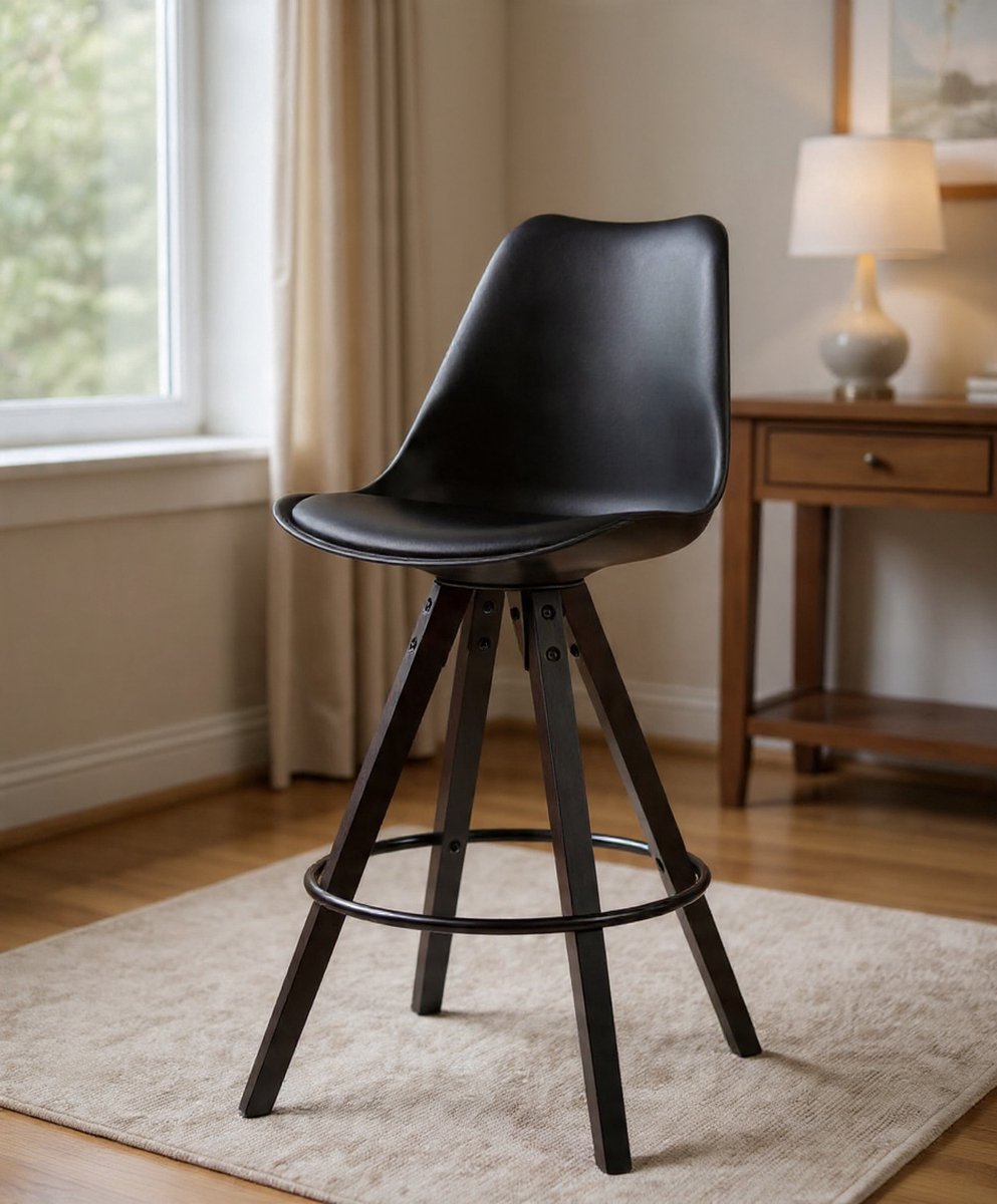 Set van 2 Scandinavische Design Barkrukken – Zwart Kunstleer en Massief Houten Poten – Hoge Barstoel met Rugleuning, Moderne Scandinavische Barstoelen, Zithoogte 77 cm, Comfortabel en Stijlvol voor...