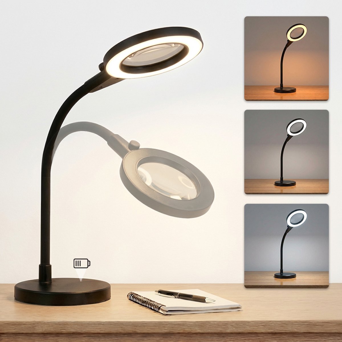 SBR - Zoom+ loeplamp met led verlichting - Tafelloeplamp - 3 licht kleuren - Sterke 2.25x vergroting - Zwart 2.25x