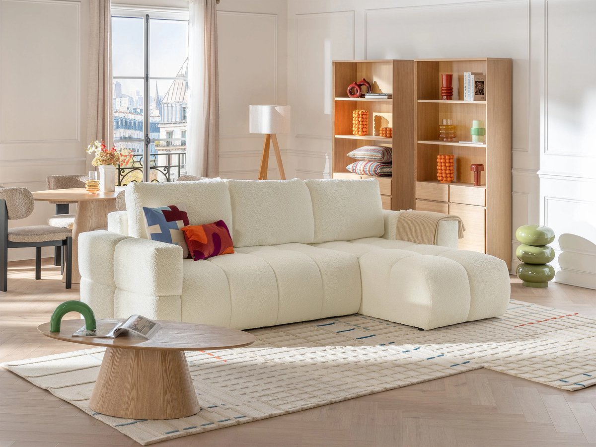 Hoekslaapbank 5-Zits met Omkeerbare Hoek en Opbergruimte 301 x 178 x 100 cm – Beige Bouclé Hoekbank met Uitschuifbaar Bed 150 x 245 cm – Moderne Teddy Stoffen Hoekbank – ISSORO Living Sofa – Bellavero