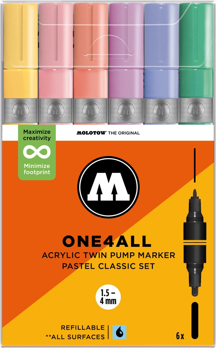 MOLOTOW ONE4ALL TWIN Acrylstiften Set - Pastel Klassiek - 6x (1,5+4mm) - Pastel Classic Set