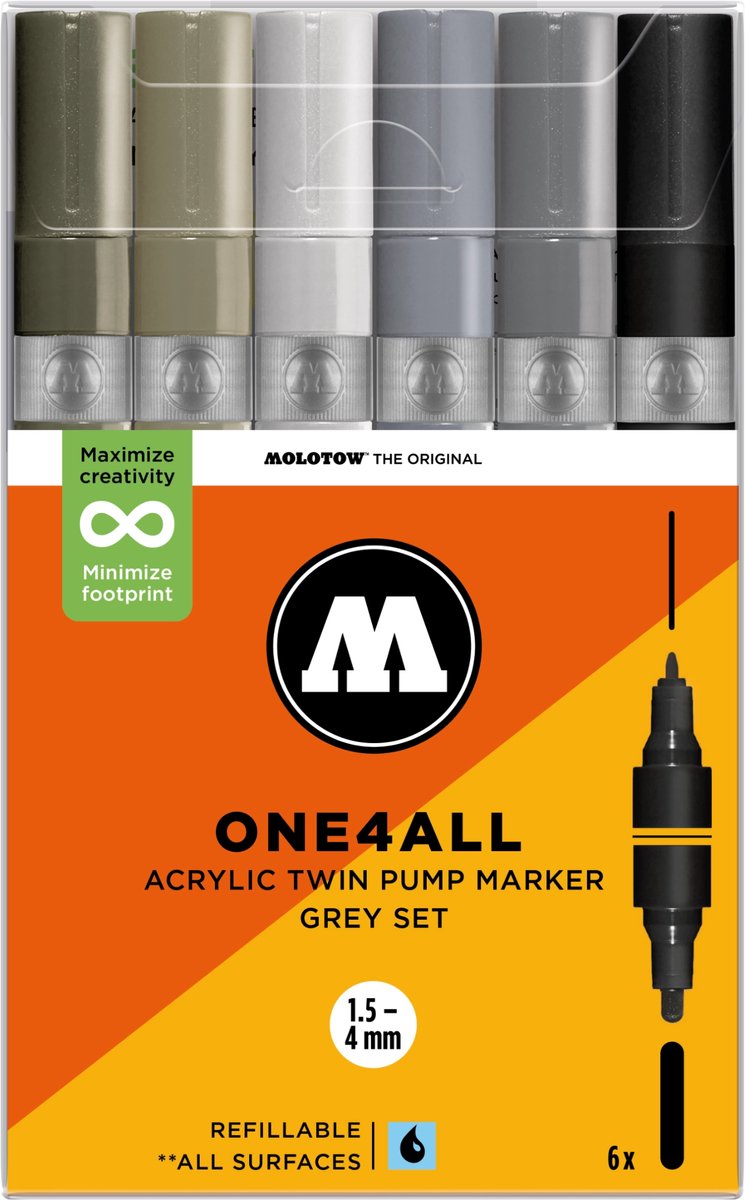 MOLOTOW ONE4ALL TWIN Acrylstiften Set - Grijs - 6x (1,5+4mm) - Grey Set