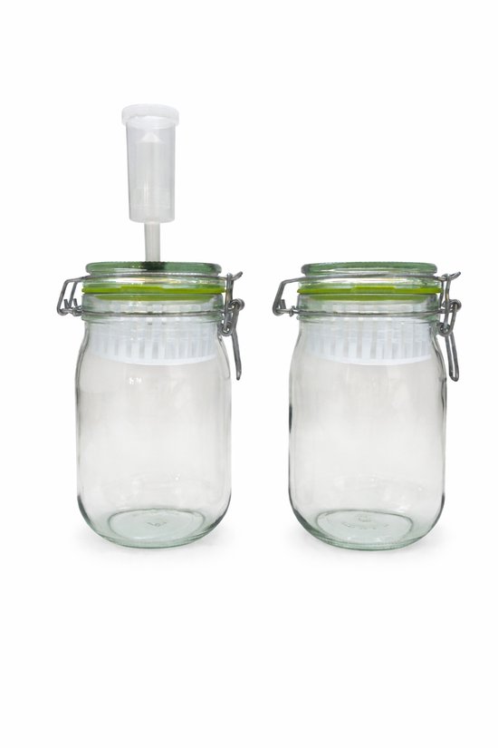 Deux pots de fermentation en verre avec anneaux verts et fermoirs métalliques. Un pot a un barboteur sur le couvercle.