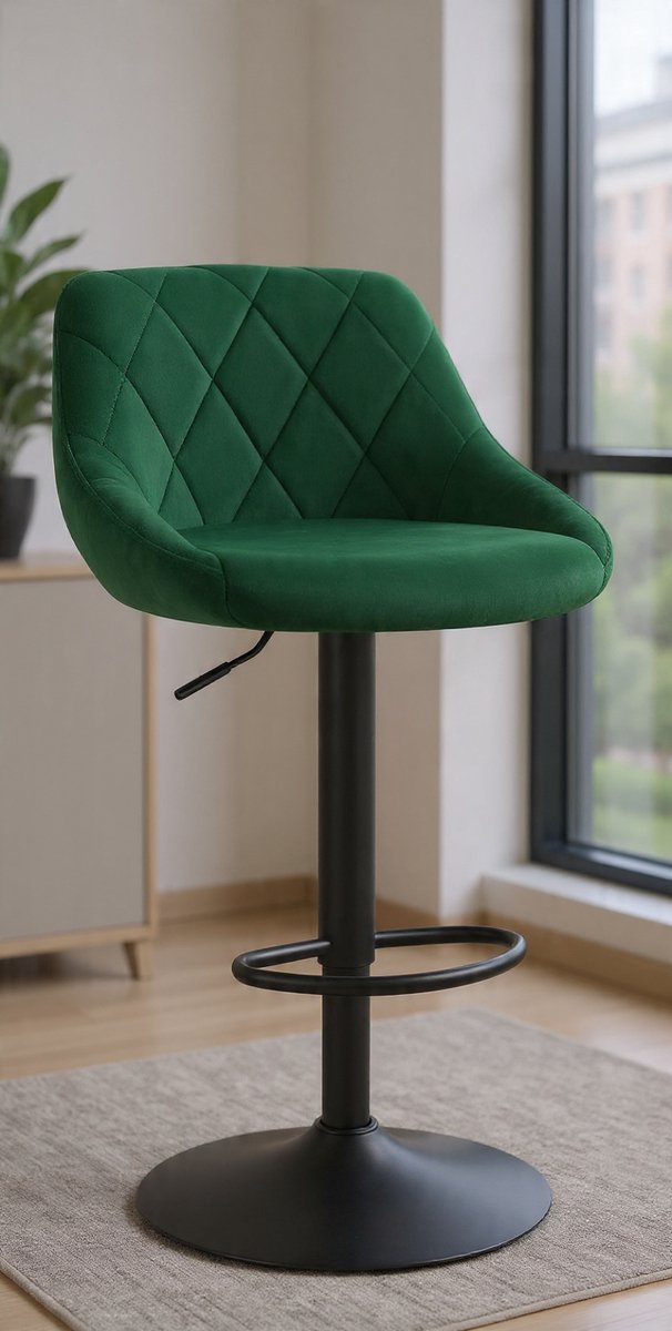 1 Piece Bar Stool in Metal and Velvet,Bar Chair Dark Green Swivel and Adjustable BH219dgn-1-Casa Serena