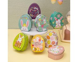 Paaseivormige IJzeren Doosjes - Decoratieve Metalen Opbergdoosjes voor Snoep Chocolade en Snacks - Diverse Konijntjes Geschenkdoosjes voor Kinderen - Set van 8 Stuks
