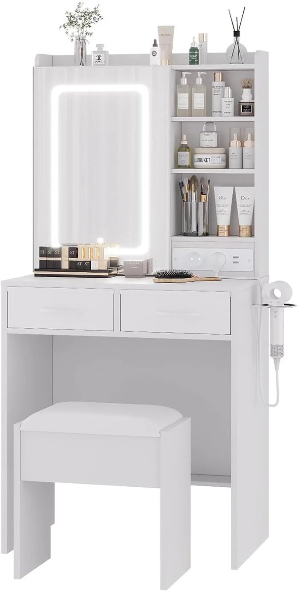 Make-up bureau met spiegel en verlichting - met laadstation - Kaptafelset -beautyhoek