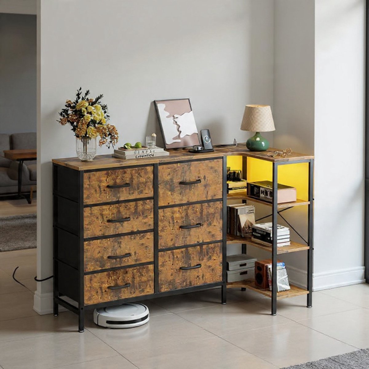 Hoek Commode met 7 Laden en LED – L-Vormige Opbergkast met USB en Stopcontact – Vintage Br