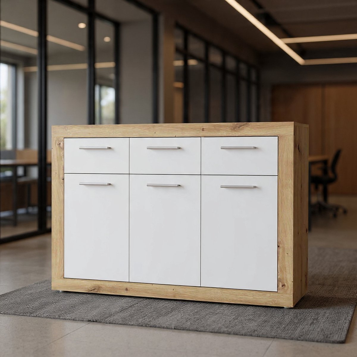 BACCIO commode 110 120, moderne commode voor woon-/slaapkamer, 3-deurs, 3 laden, hout, Artisan eiken houtdecor|wit, 117,9 cm breed x 91,5 cm hoog x 34 cm diep-NoviHome