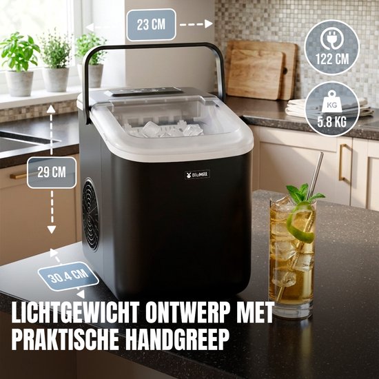 BluMill Ijsblokjesmachine - Ijsblokmaker - Incl. Ijsschep en Uitneembare Ijsmand - 9 blokjes in 6 minuten - Draagbaar - Zelfreinigend - Zwart van Merkloos — afbeelding 2