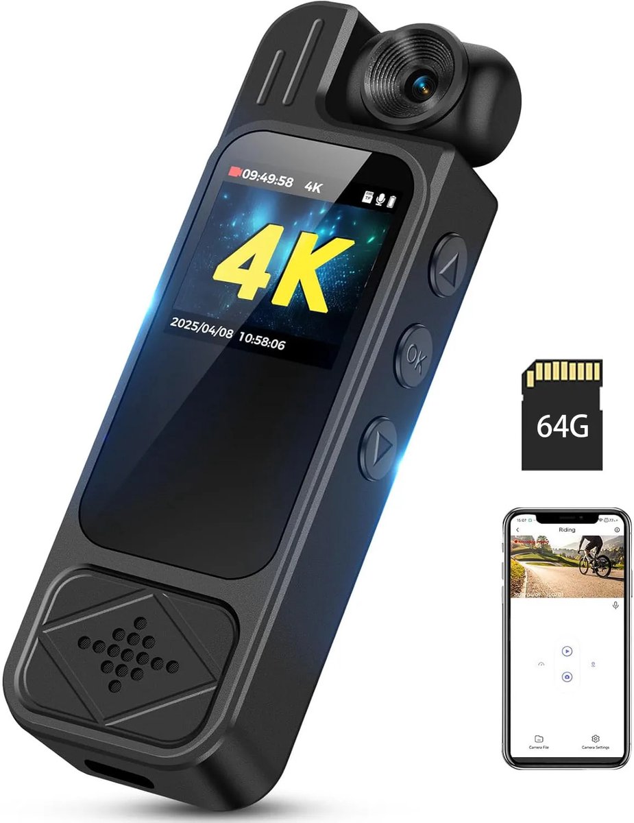 4K WiFi Body Camera – 180° Draaibare Lens – Nachtzicht & 7Uur Accu – 64GB