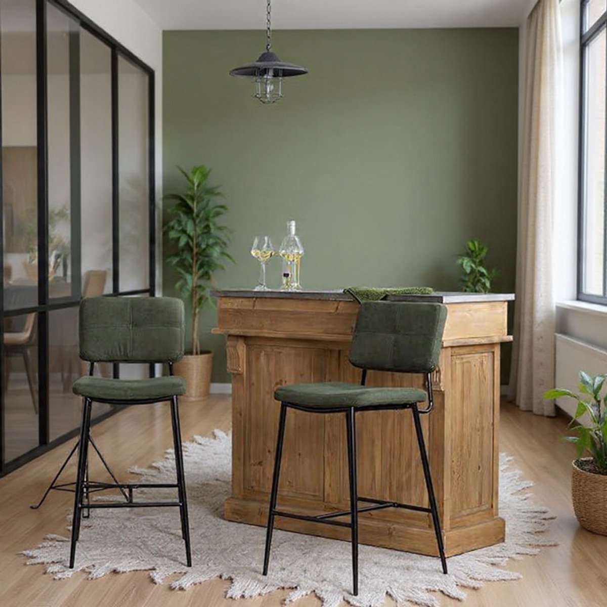 Luxe Barstoelen Set van 4 – Industrieel Design, Comfortabele Stoffen Rugleuning, Voetsteun, Hoge Barstoelen voor Keuken, Bistro, Café en Bar – Groen-Casa Serena