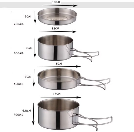 Kookset - 4 Stuks - Stapelbaar - Inclusief Opbergtas - Camping Kookset - Kookgerei - Camping Pannenset - Camping Kookgerei Kit - Rvs - Voor 2-3 Personen - Geschikt Voor Kamperen, Wandelen En Picknicken - Zilver van Merkloos — afbeelding 5
