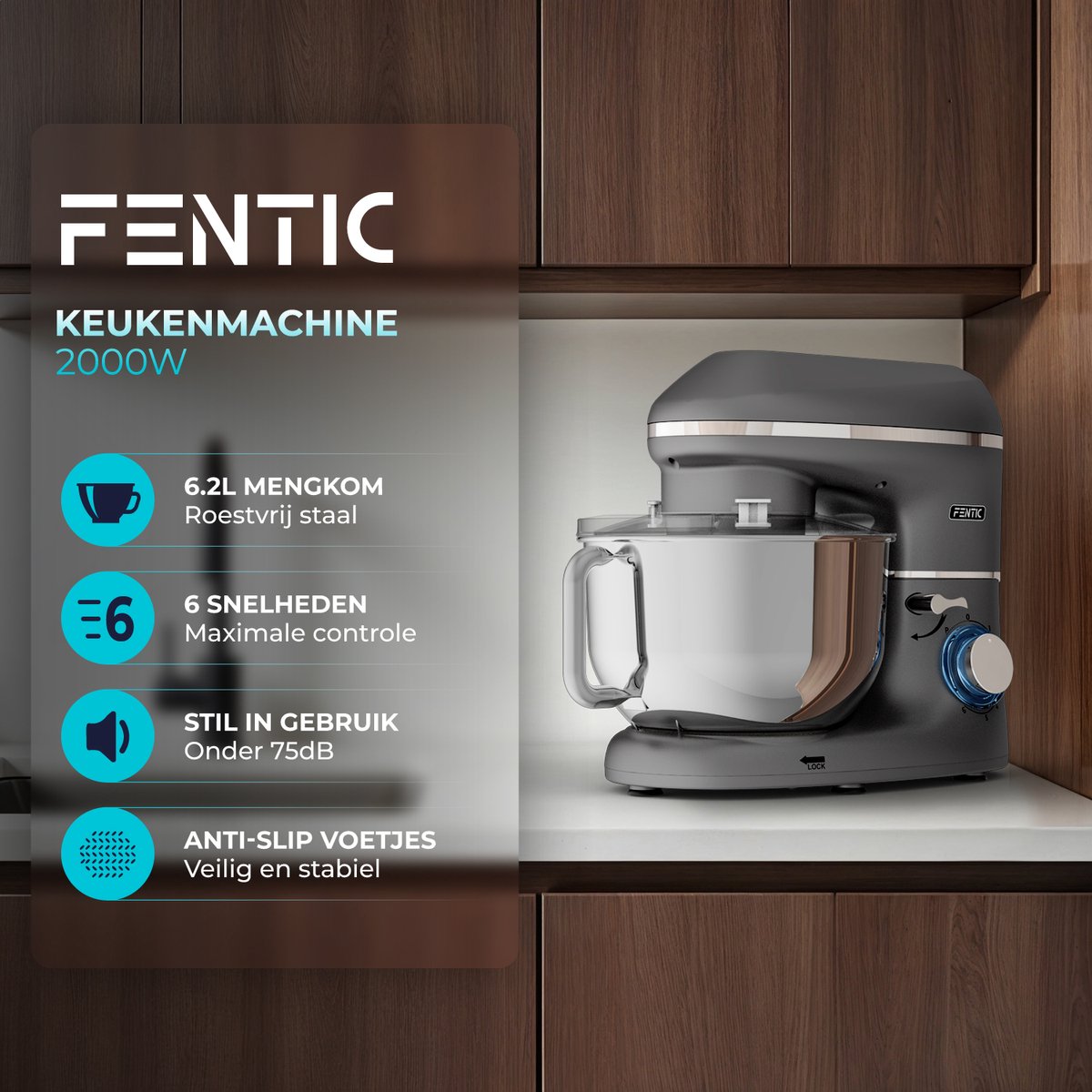 Fentic Keukenmachine - Keukenrobot - Antraciet thumbnail 2