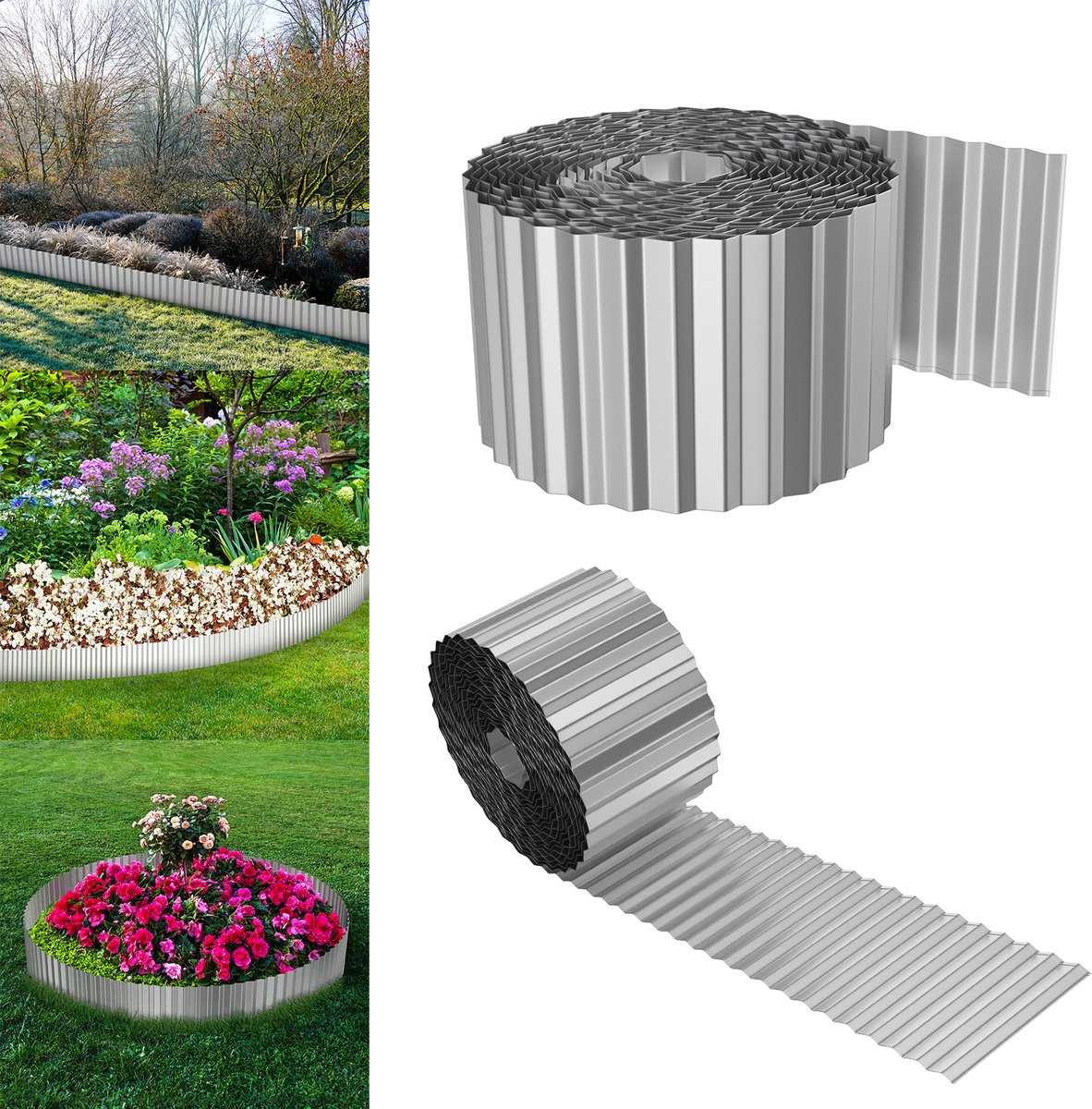 Froadp 2 stuks Flexibele Verzinkte Metaalen Gazonrand 10m (15cm hoog) - Golfvormige Perkbegrenzing - Zilver