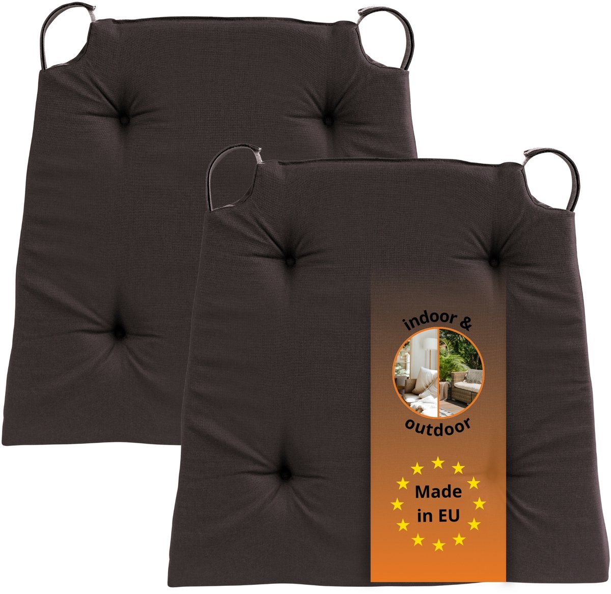 Sleepling Basic 10 stoelkussenset 2-delig - stoelkussens 40x40 cm - stoelkussens buiten en binnen - stoelkussens eetkamer, stoelkussen met lint en zitkussen met klittenband - Made in EU - set van 2 - 41 (voor) / 35 (achter) x 40 x 5 cm - kastanje