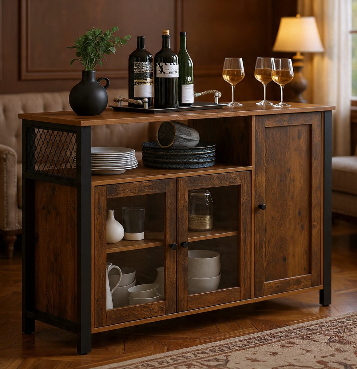 Industrieel Dressoir met 3 Deuren en Verstelbare Planken – Vintage Bruin Zwart – Keukenkast / Buffetkast / Sideboard / Opbergkast voor Woonkamer en Eetkamer – 110x33x75 cm – Novihome