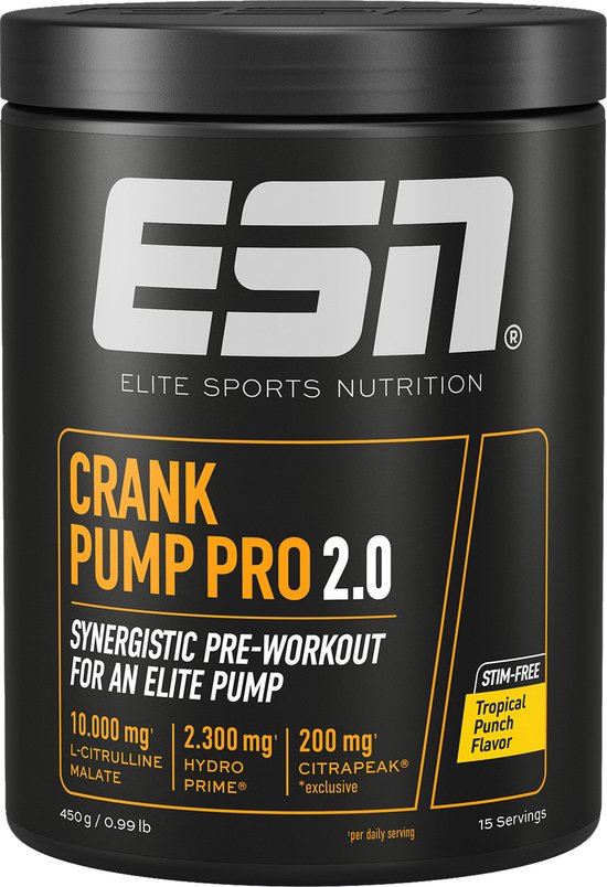 Zwarte pot ESN Crank Pump Pro 2.0 "Tropical Punch Flavor" met witte en oranje tekst. Stim-free.