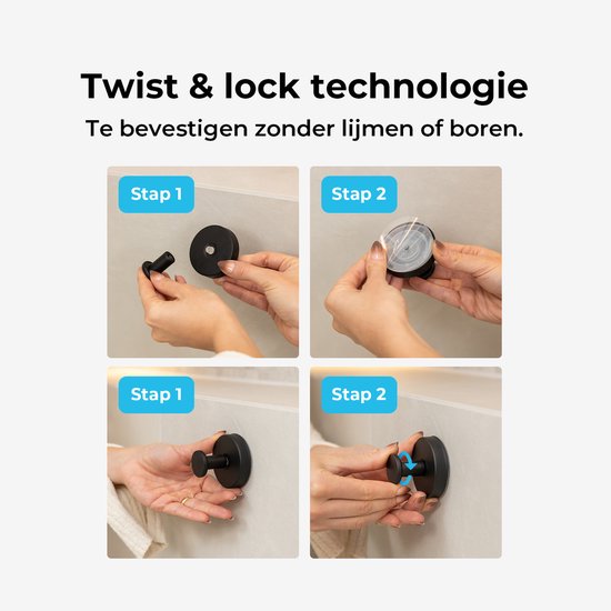 Instructies voor de 'Twist & lock technologie' montage van koperkleurige haken zonder boren.