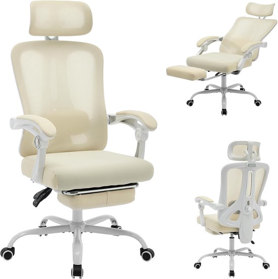 Beige ergonomische bureaustoel met voetensteun, verstelbare hoofdsteun en lendensteun. Van voren, schuin en achter gezien.
