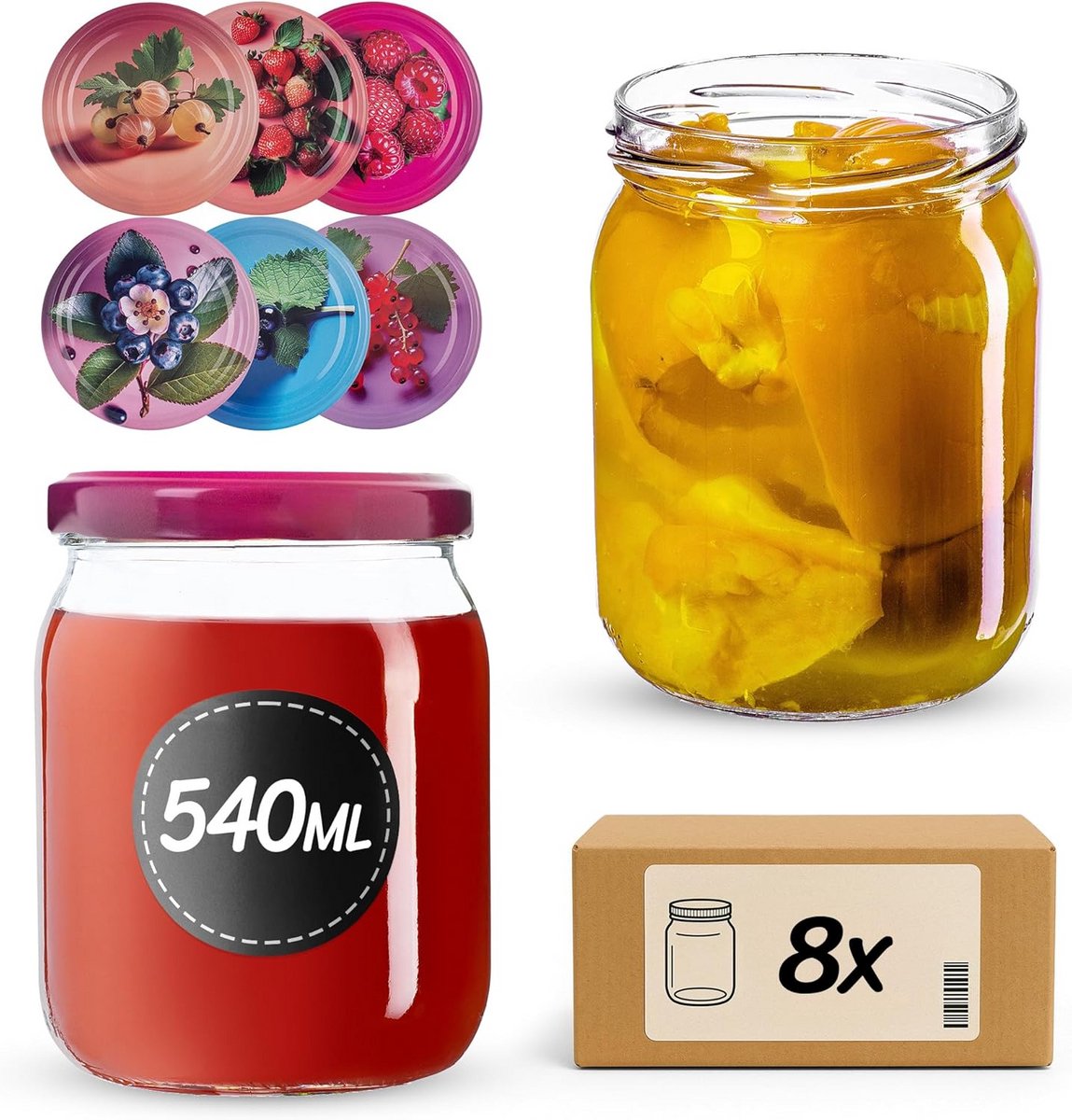 Set van 8 glazen weckpotten 540ml met schroefdeksel voor inmaken en bewaren