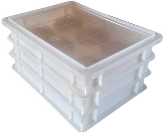 Ensemble de bac à pâte : 3 x bacs à pâte Pizza 40 x 30 x 7 cm blanc avec 1 couvercle transparent