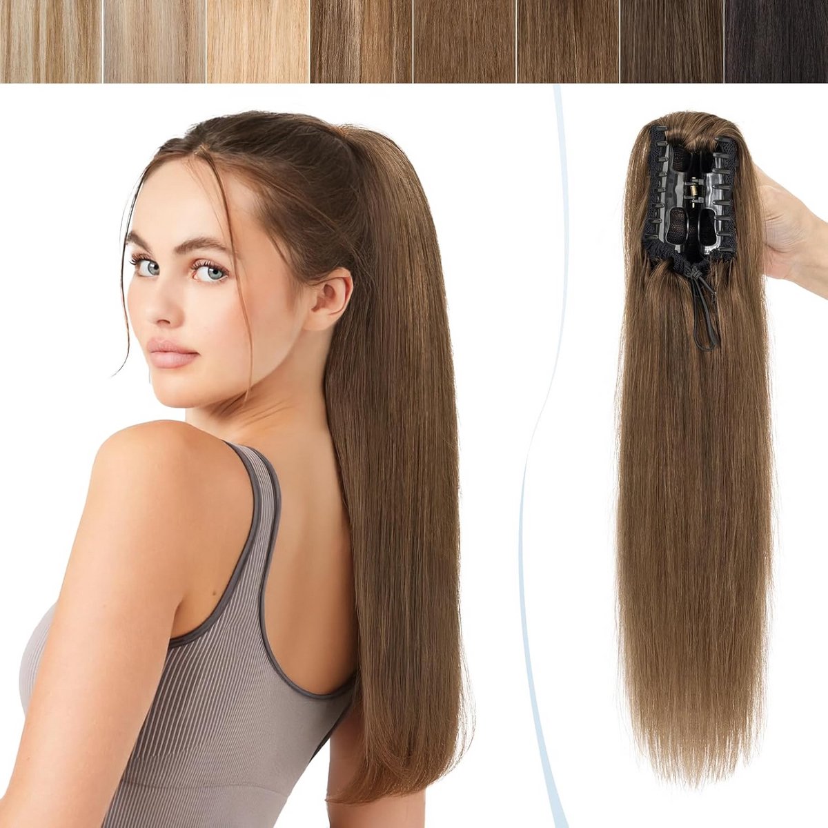 Echte Haar Clip-In Paardenstaart Verlenging 45cm Middelbruin