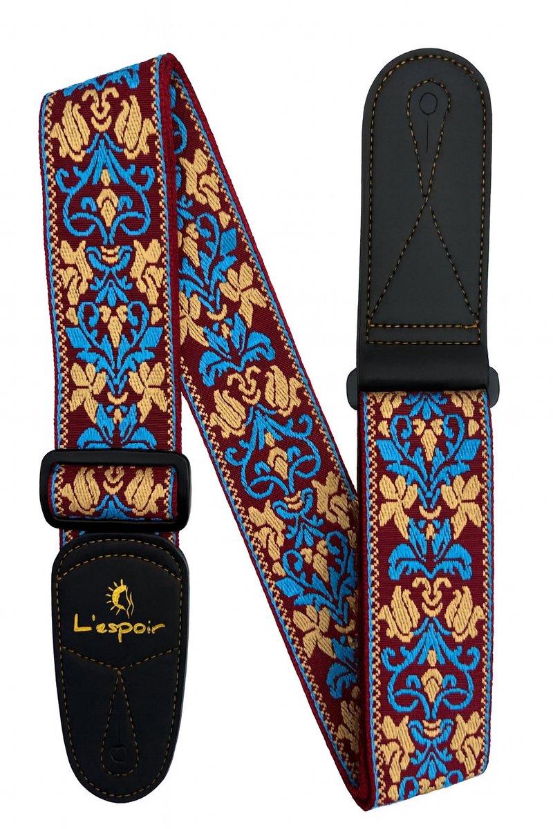 P&P® - Professionele Verstelbare Stevige Gitaarband - Guitar strap Band - Luxe Gitaarriem - Bas/Elektrische /Akoestische/ Klassieke Gitaar - Geborduurd Bordeau - Geel - Blauw