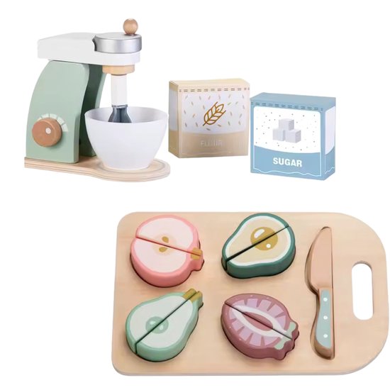 Set van 2 keuken houten speelgoed - Keukenmixer + Snijfruit Speelset