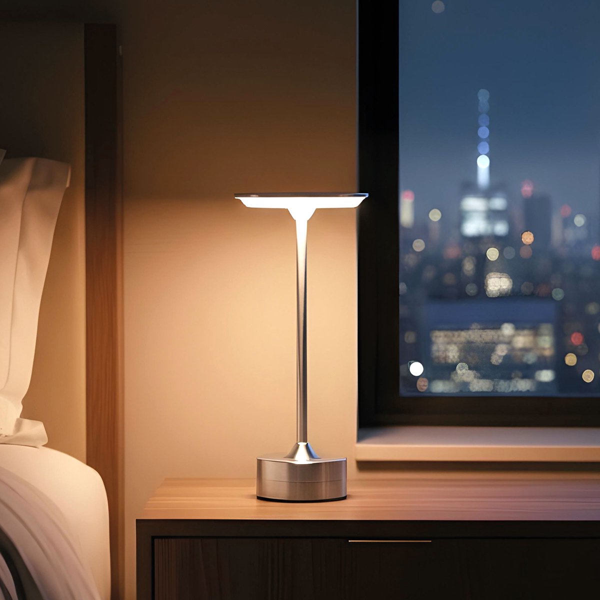 Tafellamp 'New York' Zilver Metaal – Dimbaar – Instelbare Kleurtemperatuur (Warm/Neutraal/Koel Wit) – Oplaadbaar via USB-C – Draadloos – 28,5 cm [12502C]