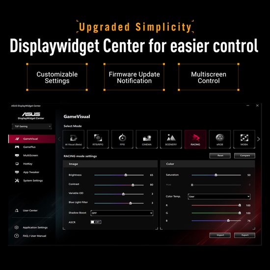 Schermweergave van de ASUS DisplayWidget Center software met game-instellingen zoals Helderheid, Contrast en Kleur.