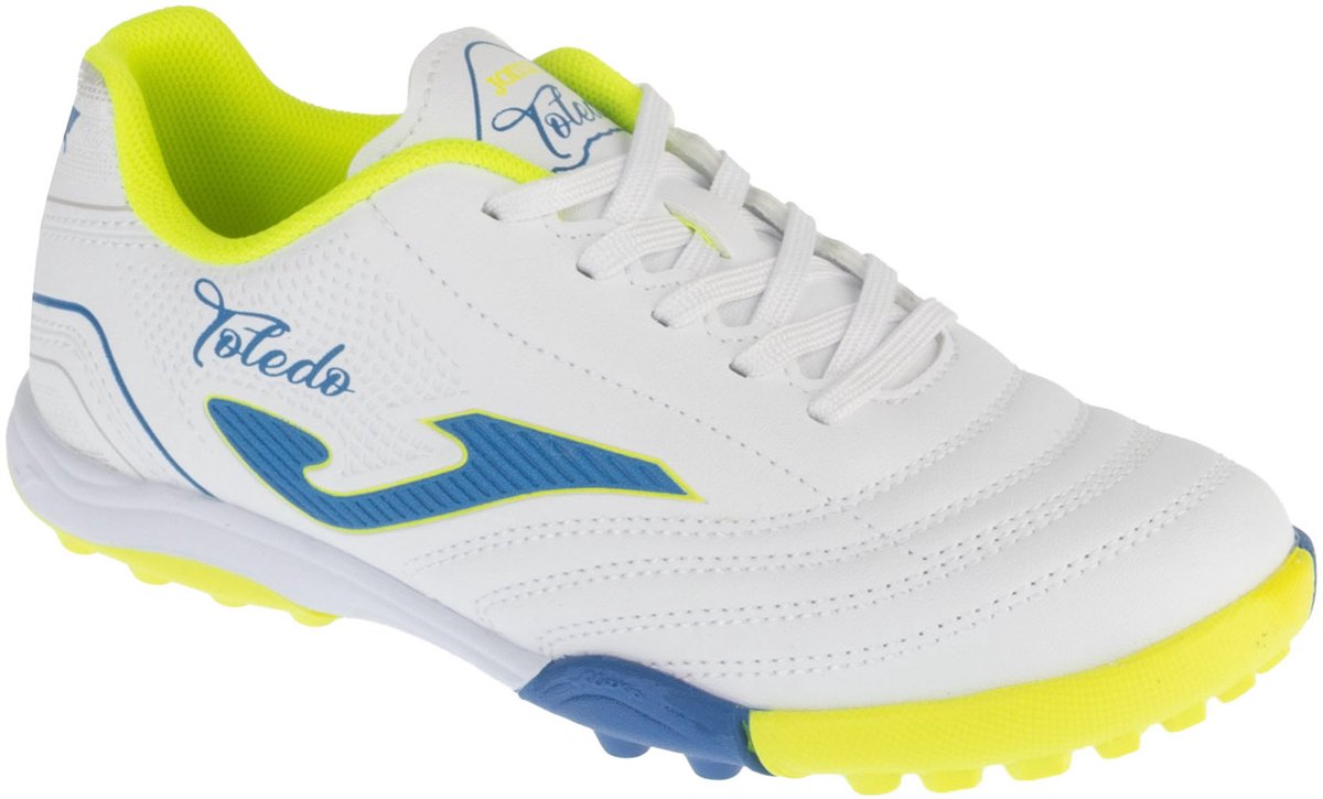 Witte Joma Toledo Jr 26 TOJS TF voetbalschoenen voor jongens, maat 35, met synthetisch leder en turfzolen.