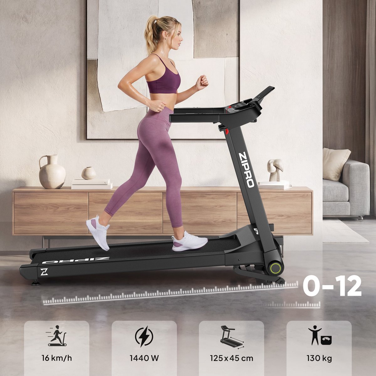 Zipro® Ramble Loopband 16 km/u 12 Programma's LED Display - afbeelding 3